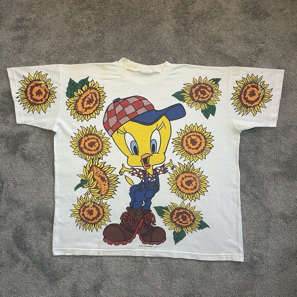 Vintage 1995 Looney Tunes Tweety Bird Sunflower Shirt Size XL - Picture 1 of 12